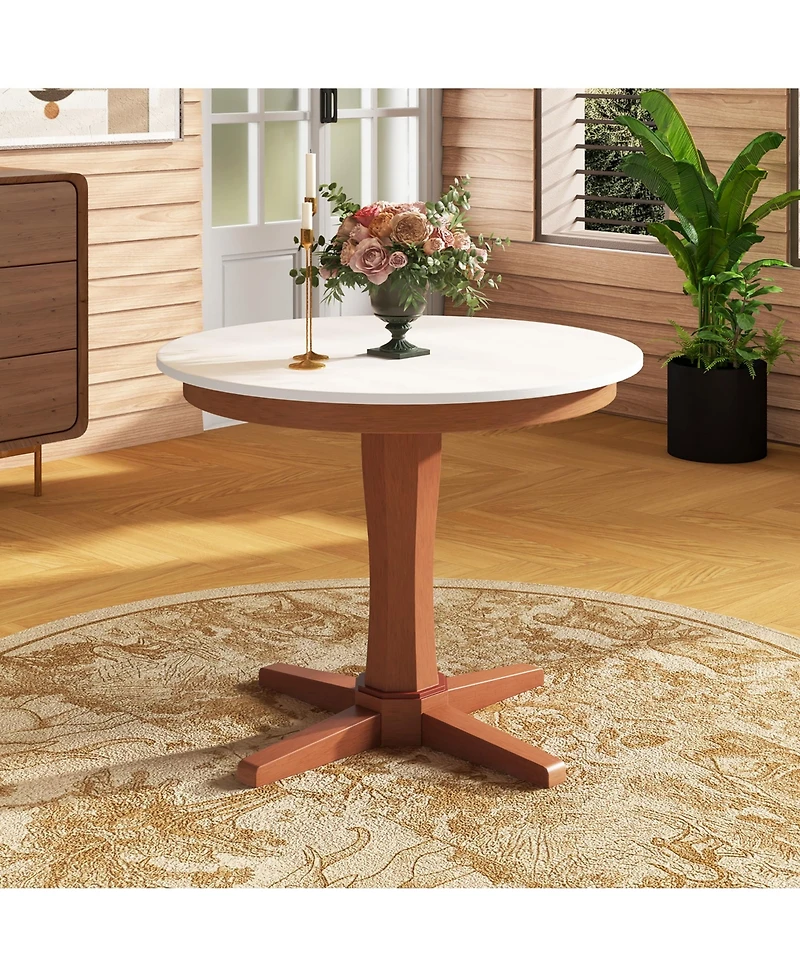 Gymax 36'' Round Dining Table for 4 People w/ Pedestal Base Solid Rubber Wood Frame