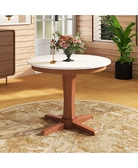 Gymax 36'' Round Dining Table for 4 People w/ Pedestal Base Solid Rubber Wood Frame