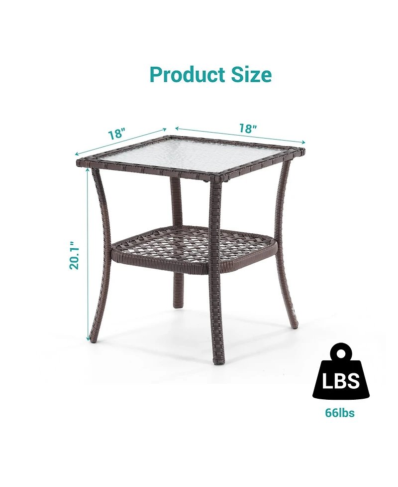 Sonkuki Outdoor Pe Rattan Side Table, Water-Corrugated Glass Tabletop Water-Proof for Indoor and