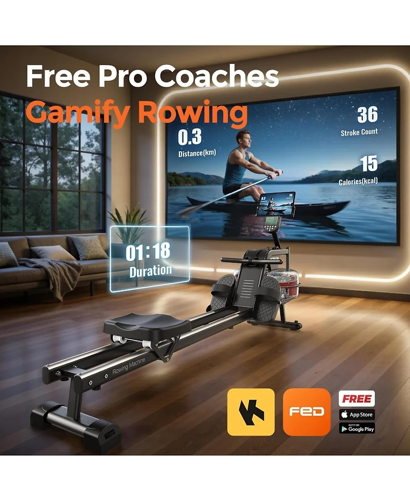 Fed Fitness Dual Rail Water Rower for Home Use, Bluetooth App Sync, Smooth and Stable Rowing Machine for All Fitness Levels