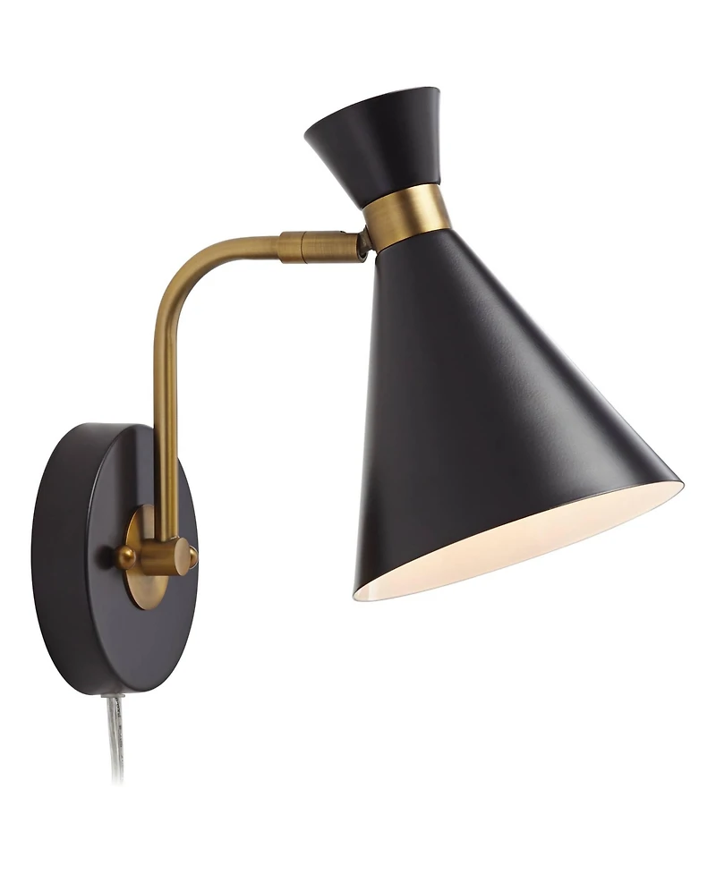 360 Lighting Venice Mid Century Modern Wall Lamps Set of 2 Matte Black Brass Plug-in 6 1/4" Light Fixture Cone Shade for Bedroom Reading Living Room