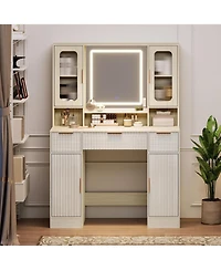 Homfan Vanity Desk with Mirror and Adjustable Led Lights, 2 Glass Cabinets, 2 Spacious Cabinets, 3 Wavy Drawers, Makeup Dressing Table for Bedroom