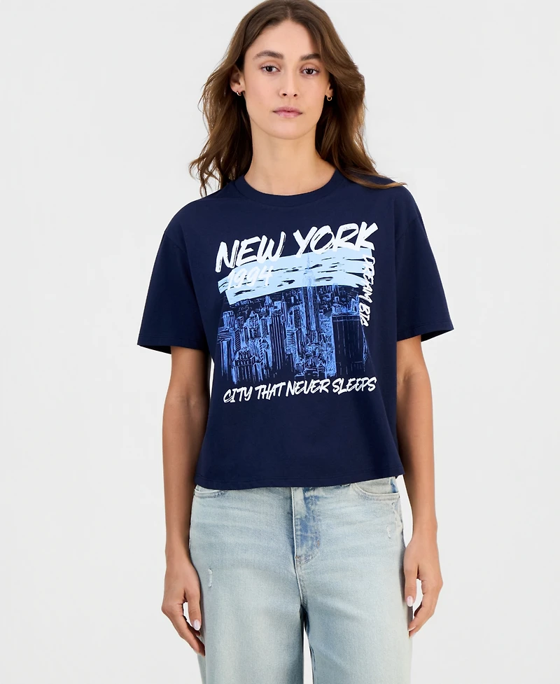 Rebellious One Juniors' New York Skyline Graphic Crop Tee