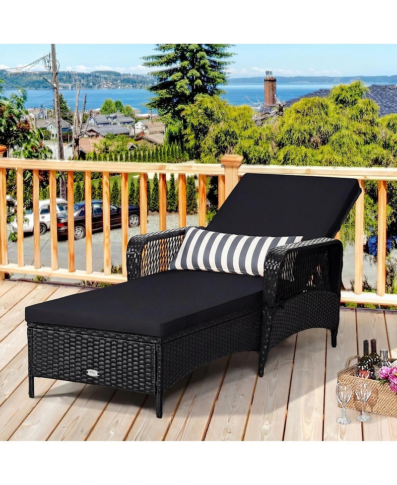 Outdoor Wicker Chaise Lounge with Adjustable Backrest, Cushion and Head Pillow-Black