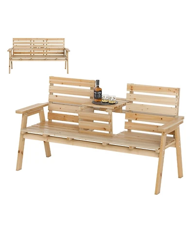 Gymax Outdoor Fir Wood Bench Foldable Middle Table w/ Backrest and Armrests