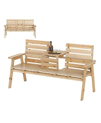 Gymax Outdoor Fir Wood Bench Foldable Middle Table w/ Backrest and Armrests