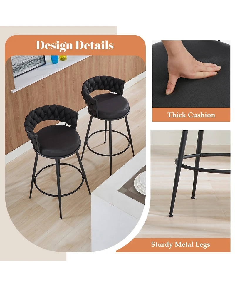Dyhome 28 inch Bar Stools Set of 2, Modern Counter Height Stools, 360° Swivel Suede Fabric Stool Chairs with Woven Back and Footrest