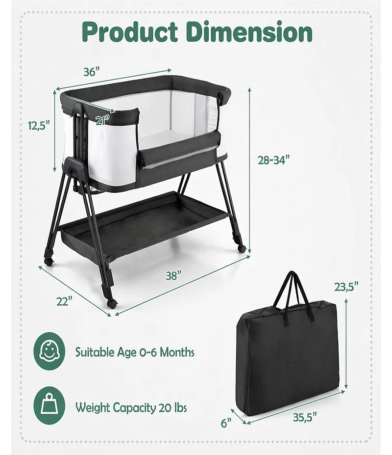Gouun Portable Bedside Bassinet with 7 Adjustable Heights