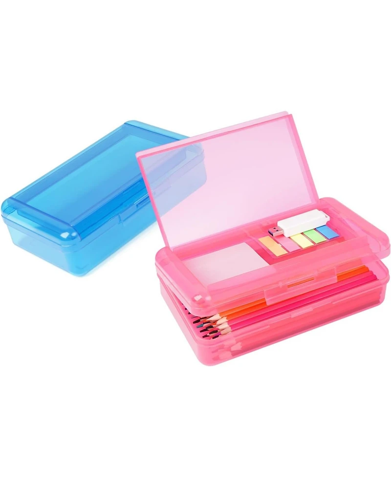 Danrong 2 Pack Double Layer Plastic Pencil Box Large Capacity, Hard Snap Lid Case for School Office Supplies