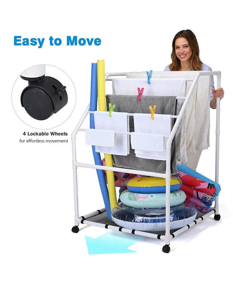 Yescom 274 Gallon Pool Float Storage Bin with Towel Rack Holder Set Rolling Toys Cart Organizer