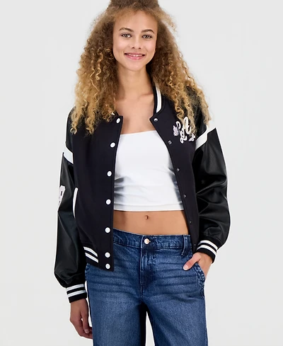 Madden Girl Juniors' Faux-Leather-Sleeve Bomber Jacket