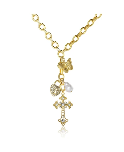 Jessica Simpson Gold-Tone Charm Link Necklace with Cross, Heart and Pearl Accents