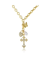 Jessica Simpson Gold-Tone Charm Link Necklace with Cross, Heart and Pearl Accents