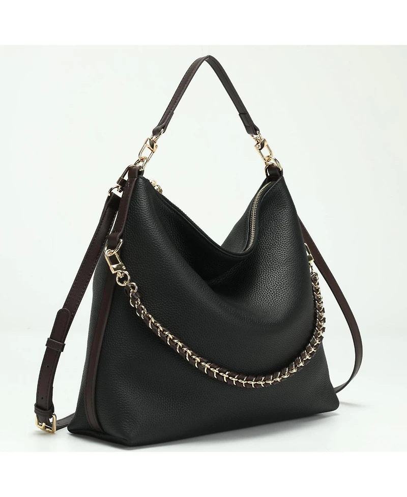 Susu Riva Leather Convertible Hobo Bag Shoulder and Crossbody with Chain Detail