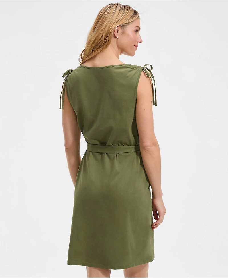 Lands' End Women's Cotton Jersey Shoulder Tie Belted Mini Dress