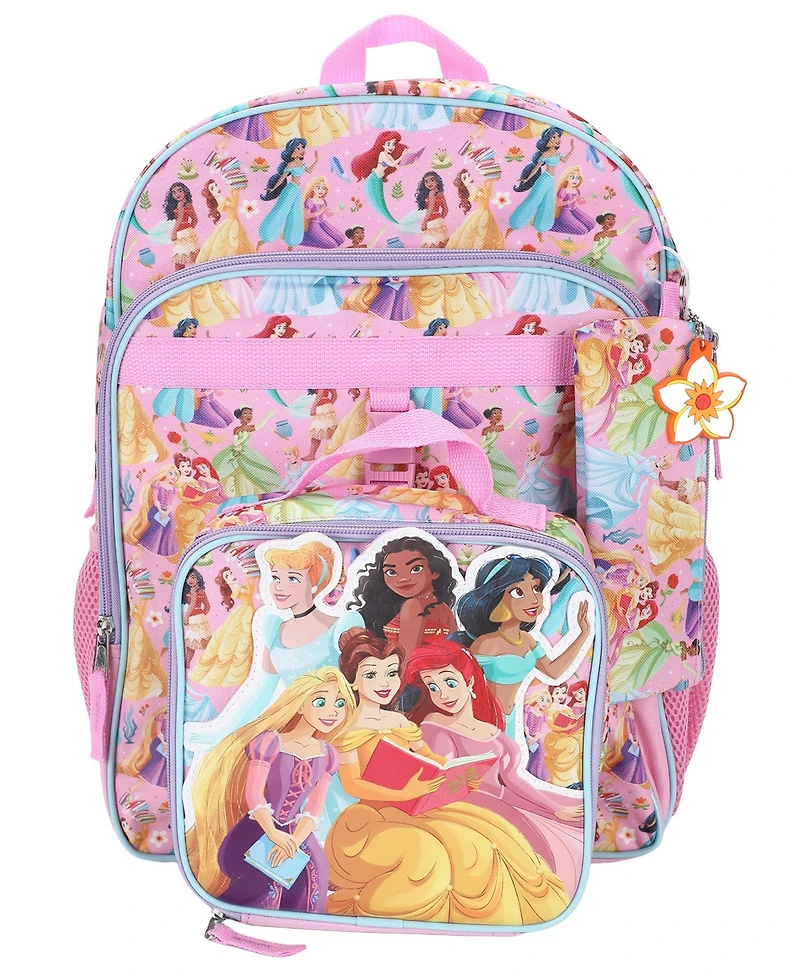 Disney Princess Girls' All Over Print Backpack, Lunch Bag, Pencil Case and Key Chain, 4-Piece Set