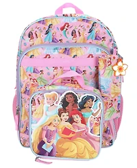 Disney Princess Girls' All Over Print Backpack, Lunch Bag, Pencil Case and Key Chain, 4-Piece Set