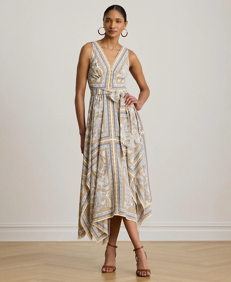 Lauren Ralph Women's Sleeveless Handkerchief Hem Midi Dress