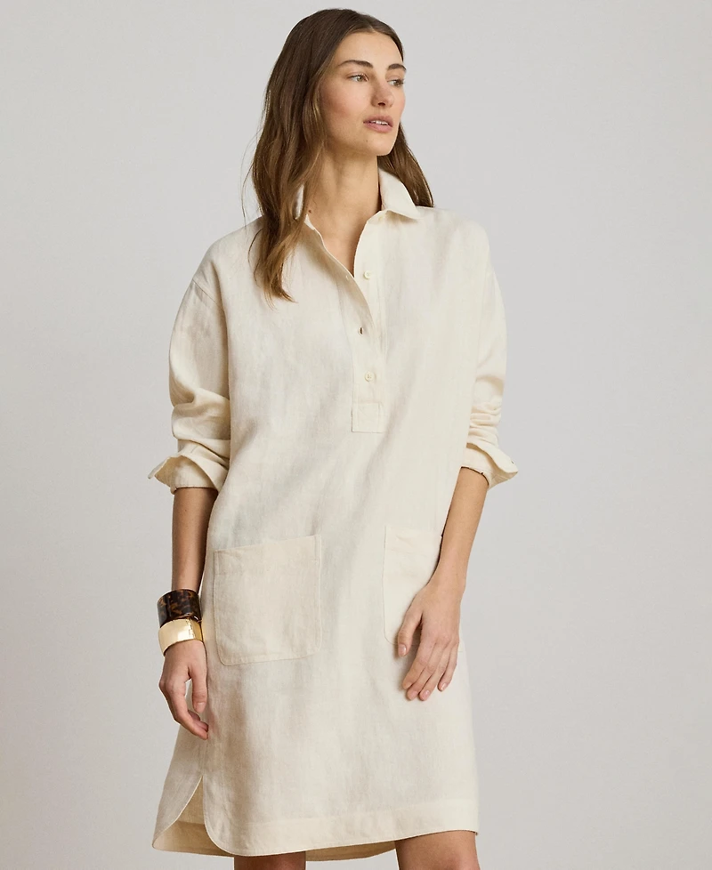 Lauren Ralph Women's Linen Spread Collar Long Sleeve Shirt Dress