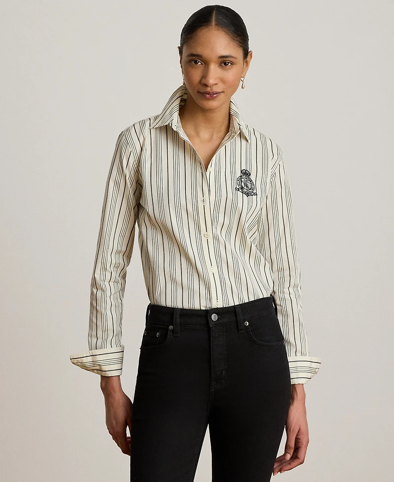 Lauren Ralph Petite Striped Collared Crest-Embroidered Shirt