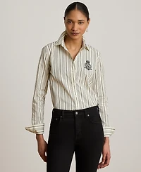 Lauren Ralph Petite Striped Collared Crest-Embroidered Shirt