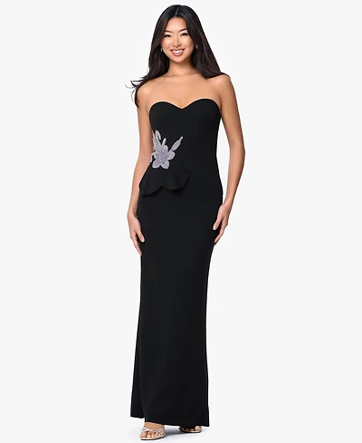 Betsy & Adam Women's Strapless Floral Accent Gown