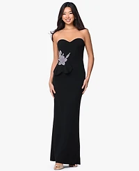 Betsy & Adam Women's Strapless Floral Accent Gown