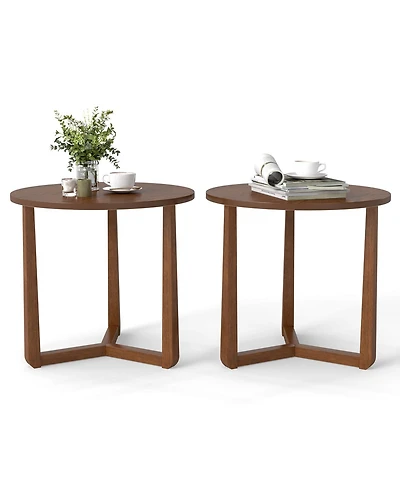 Gymax 2 piece Round Side Table w/Sturdy Rubber Wood Legs Triangular Structure for Bedroom
