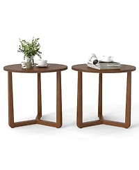 Gymax 2 piece Round Side Table w/Sturdy Rubber Wood Legs Triangular Structure for Bedroom