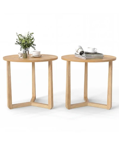 Gymax 2 piece Round Side Table w/Sturdy Rubber Wood Legs Triangular Structure for Bedroom