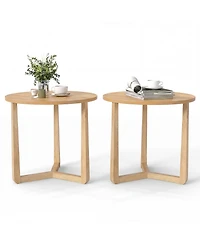 Gymax 2 piece Round Side Table w/Sturdy Rubber Wood Legs Triangular Structure for Bedroom