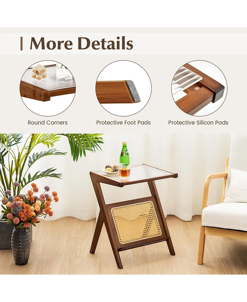 Gymax 2 Pieces Boho End Table with Magazine Rack Versatile Bamboo Bedside Table with Rattan Shelf
