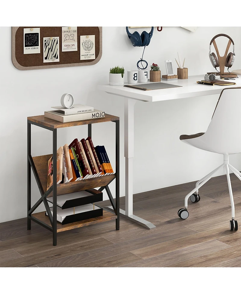 Gymax Industrial Side Table 3-Tier End Table with V-Shaped Magazine Holder Rustic