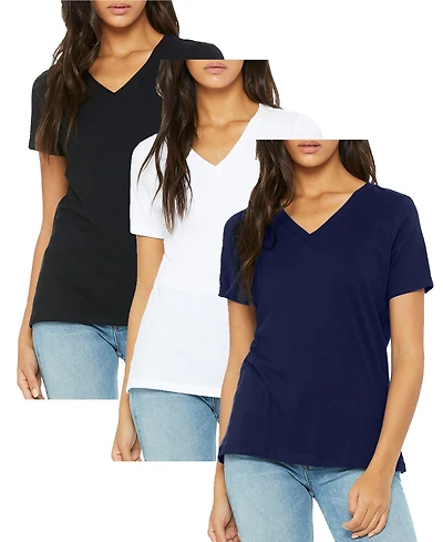 Blu Rock Women's Loose Fit Short Sleeve V-Neck Cotton Stretch Tees-3 Pack