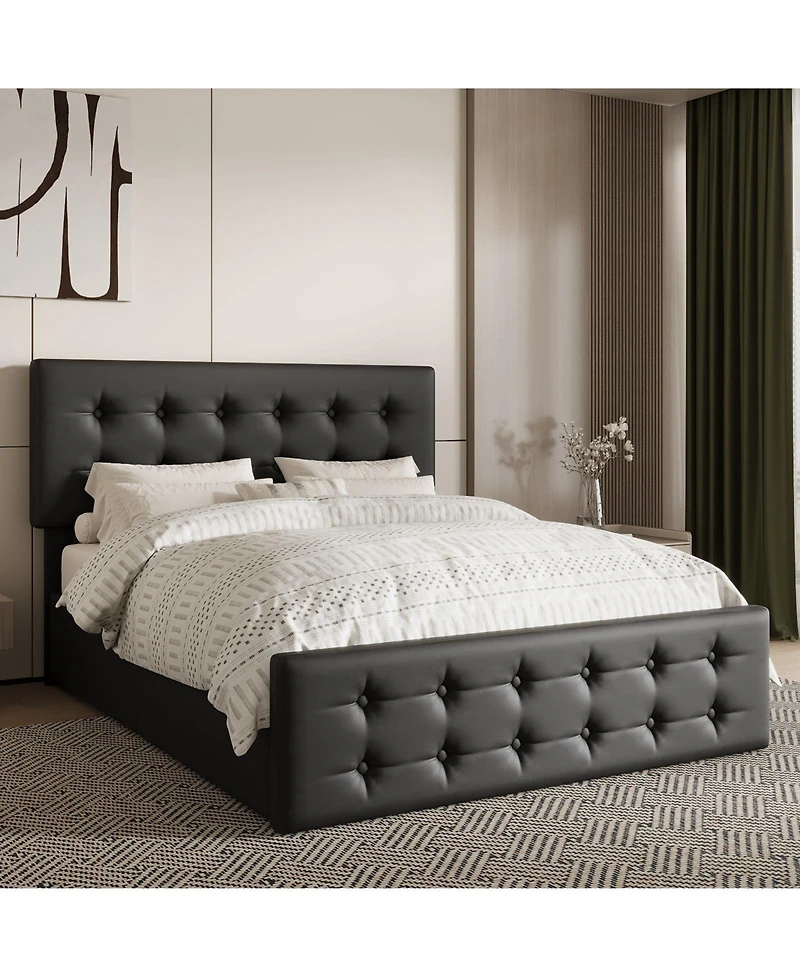 Homfan Upholstered Platform Bed Frame with 4 Storage Drawers, Button Tufted Headboard, Wooden Slats