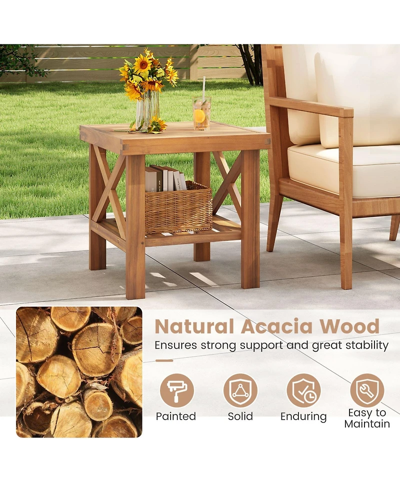 Gymax Outdoor Side Table Acacia Wood Adirondack Table with Storage Shelf