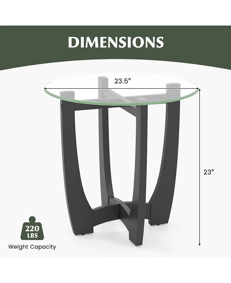 Gymax 23.5'' Round Side Table with Glass Tabletop Cross-shaped Solid Rubber Wood Frame