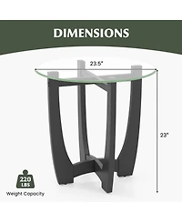 Gymax 23.5'' Round Side Table with Glass Tabletop Cross-shaped Solid Rubber Wood Frame