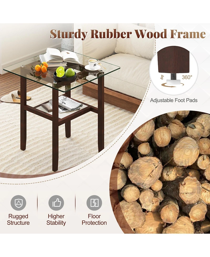 Gymax 24'' Square Glass Side Table with Storage Shelf and Rubber Wood Frame for Living Room