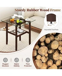 Gymax 24'' Square Glass Side Table with Storage Shelf and Rubber Wood Frame for Living Room