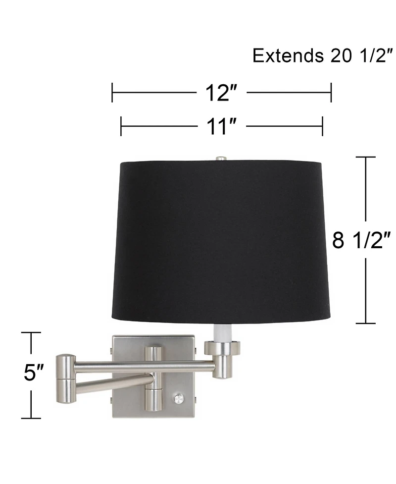 Possini Euro Design Modern Swing Arm Wall Lamp Brushed Nickel Plug-In Light Fixture Fabric Drum Shade for Bedroom Bedside