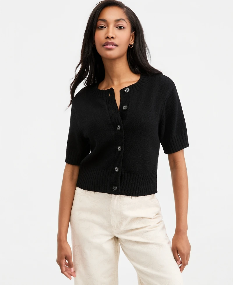 On 34th Women's Crewneck Short-Sleeve Textured Button-Front Cardigan, Macy's Exclusive
