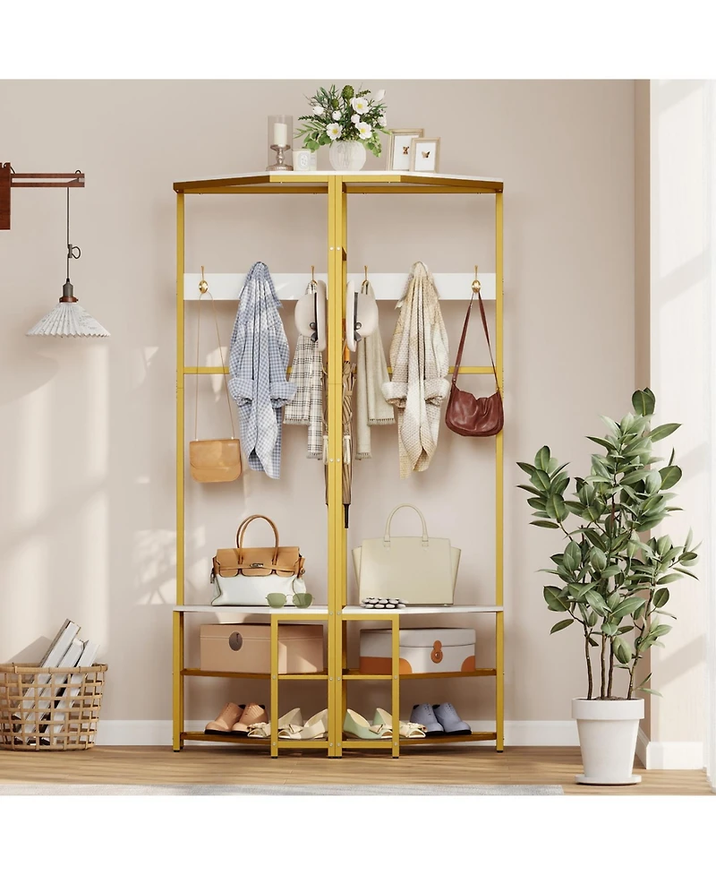 Slickblue Freestanding Corner Hall Tree with Removable Hooks & Shelves