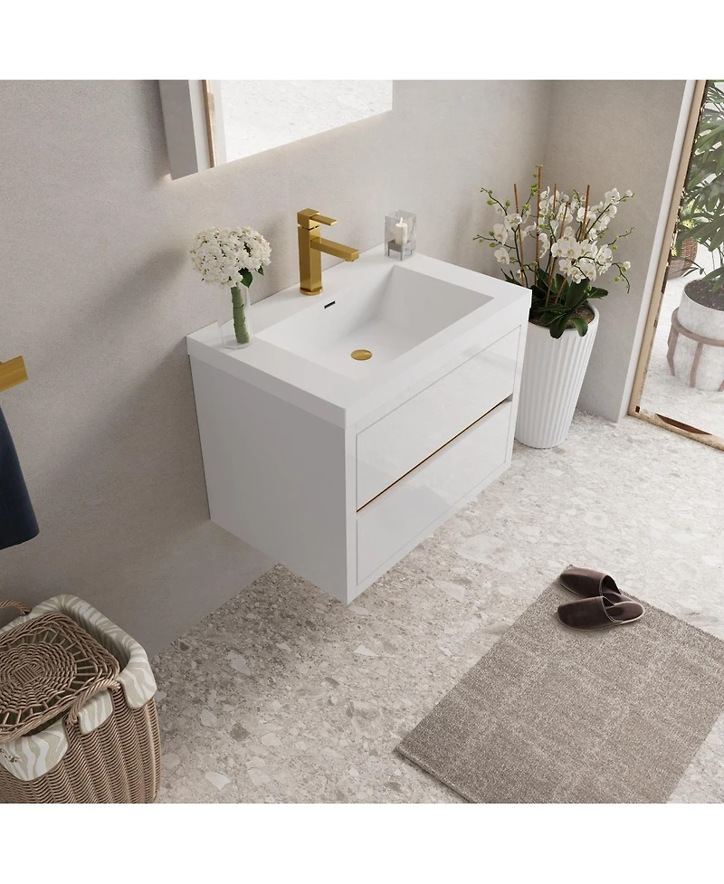 Sillysis Wall Mounted Bathroom Vanity with Glossy Resin Sink, Soft Close Drawers