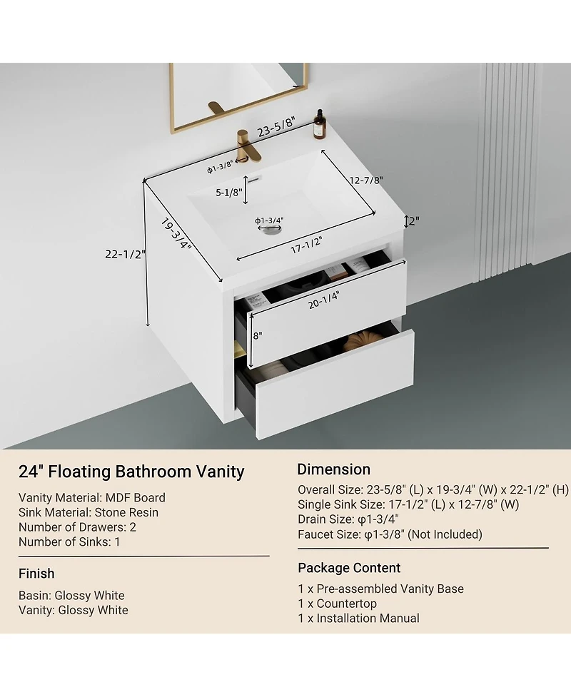 Sillysis Wall Mounted Bathroom Vanity with Glossy Resin Sink, Soft Close Drawers