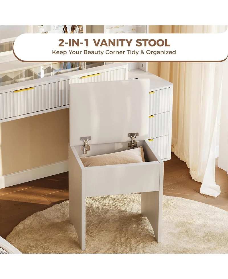 homfan Vanity Desk with Lighted Mirror, Glass Top Dressing Table Charging Station and Cushioned Storage Stool for Bedroom