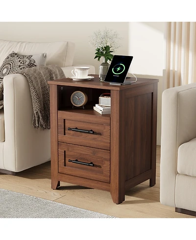 homfan Farmhouse Nightstand with Charging Station - 2 Drawers and Open Shelf, Usb/Type-c/Ac Outlets, End Table for Bedroom, Living Room
