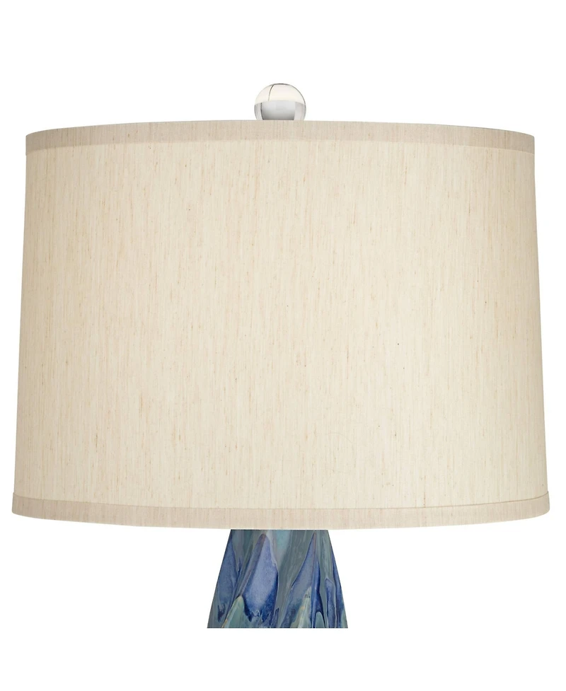 Possini Euro Design Teresa Modern Coastal Table Lamp with Square Riser 32.5 Inches Tall Drip Ceramic Drum Shade for Bedroom Living Room