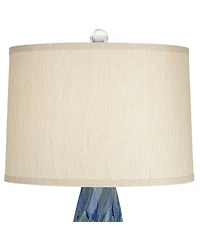 Possini Euro Design Teresa Modern Coastal Table Lamp with Square Riser 32.5 Inches Tall Drip Ceramic Drum Shade for Bedroom Living Room