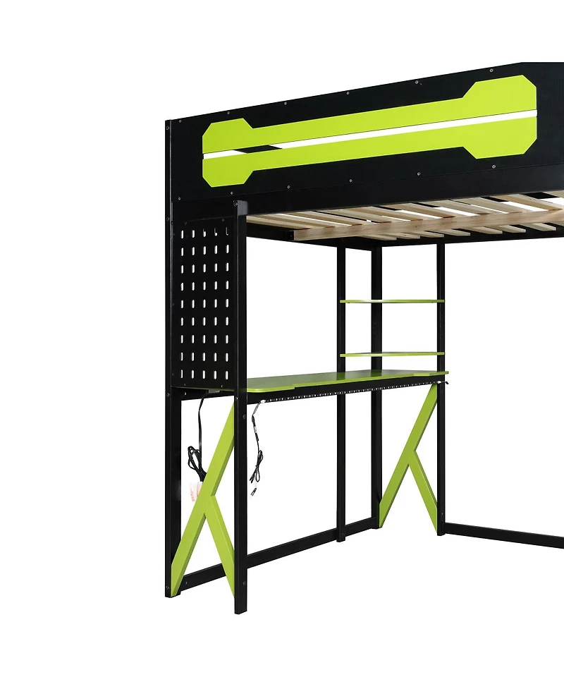 Streamdale Furniture Wood Loft Bed w/Desk, Shelves, Power, Usb/Type-c, Rgb Light